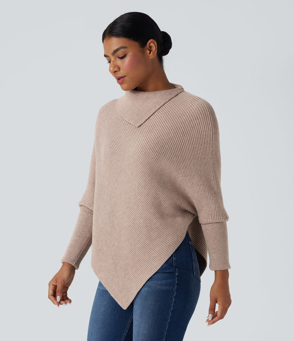 Pull cape décontracté col roulé manches chauve-souris ourlet asymétrique