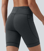 Short cycliste de yoga taille haute à rayures avec cordon de serrage 17,5 cm et poches