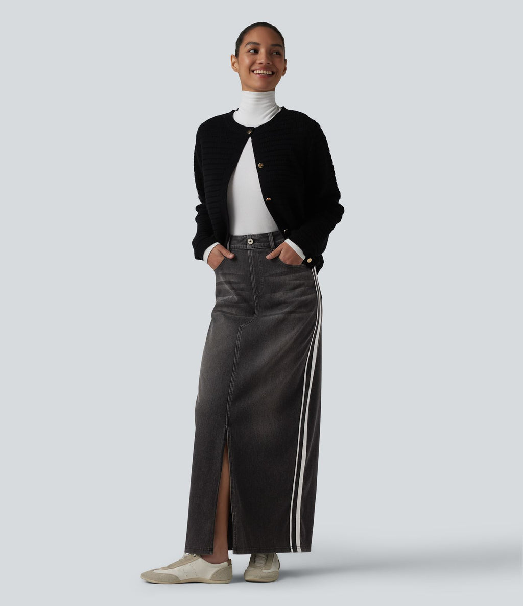 Jupe en jean longue décontractée délavée à rayures taille haute Halara Flex™ avec poches