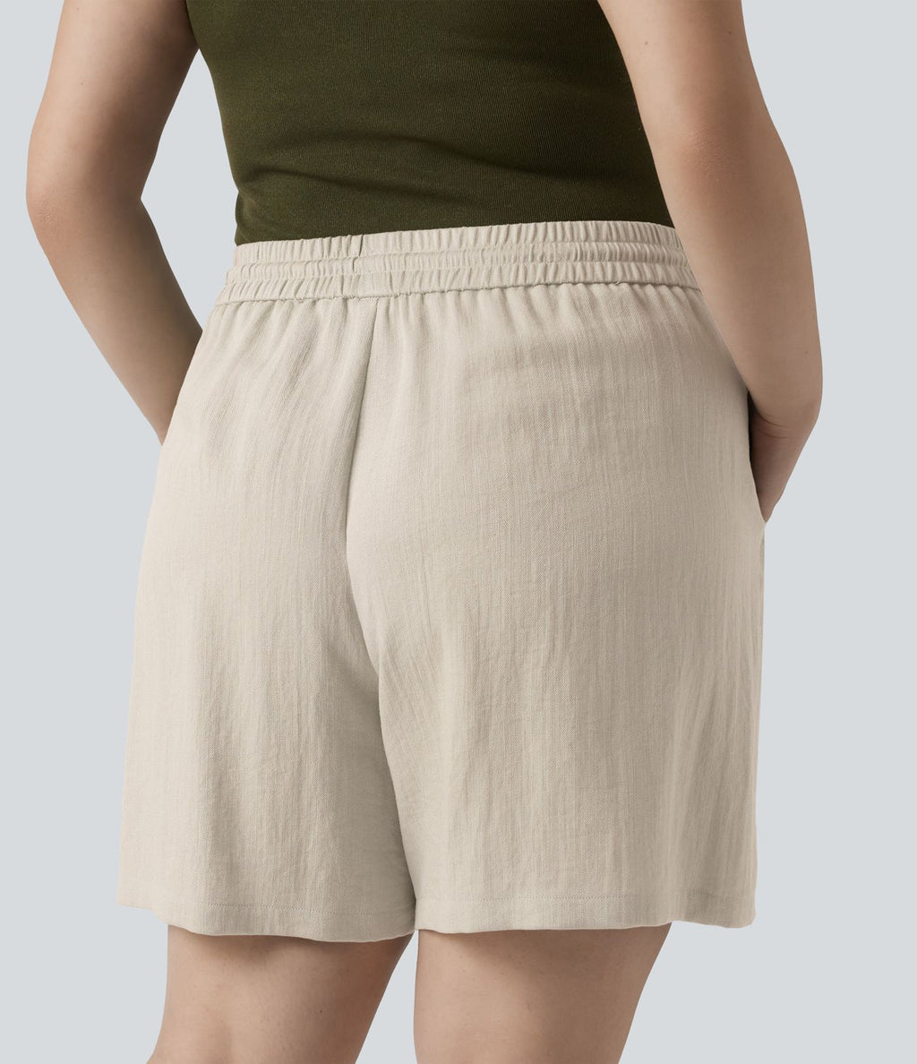 Short casual aspect lin grande taille taille haute avec cordon de serrage et poches