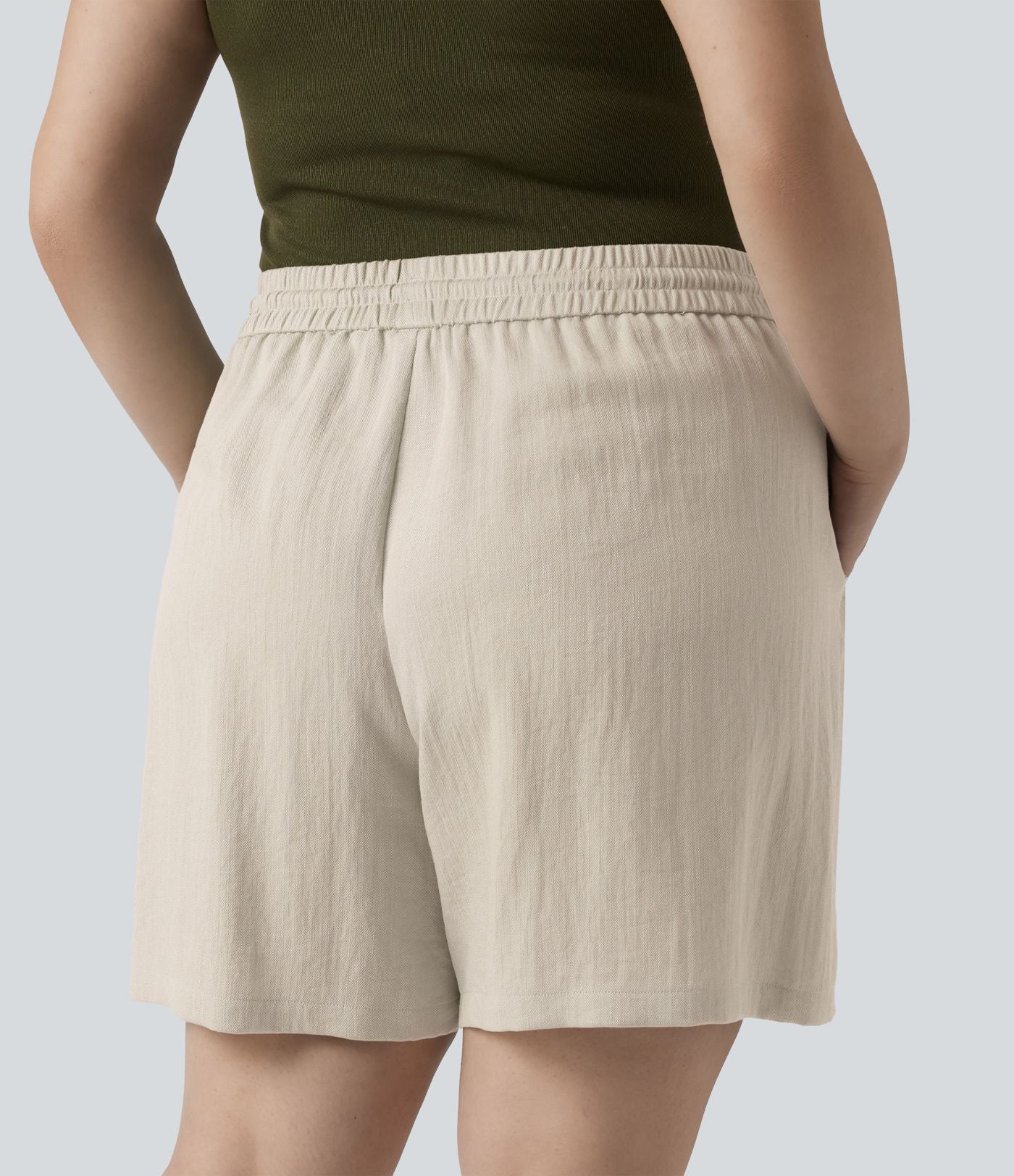 Short casual aspect lin grande taille taille haute avec cordon de serrage et poches