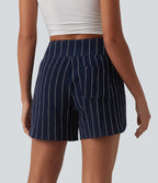 Short casual taille haute ourlet arrondi rayures avec poches