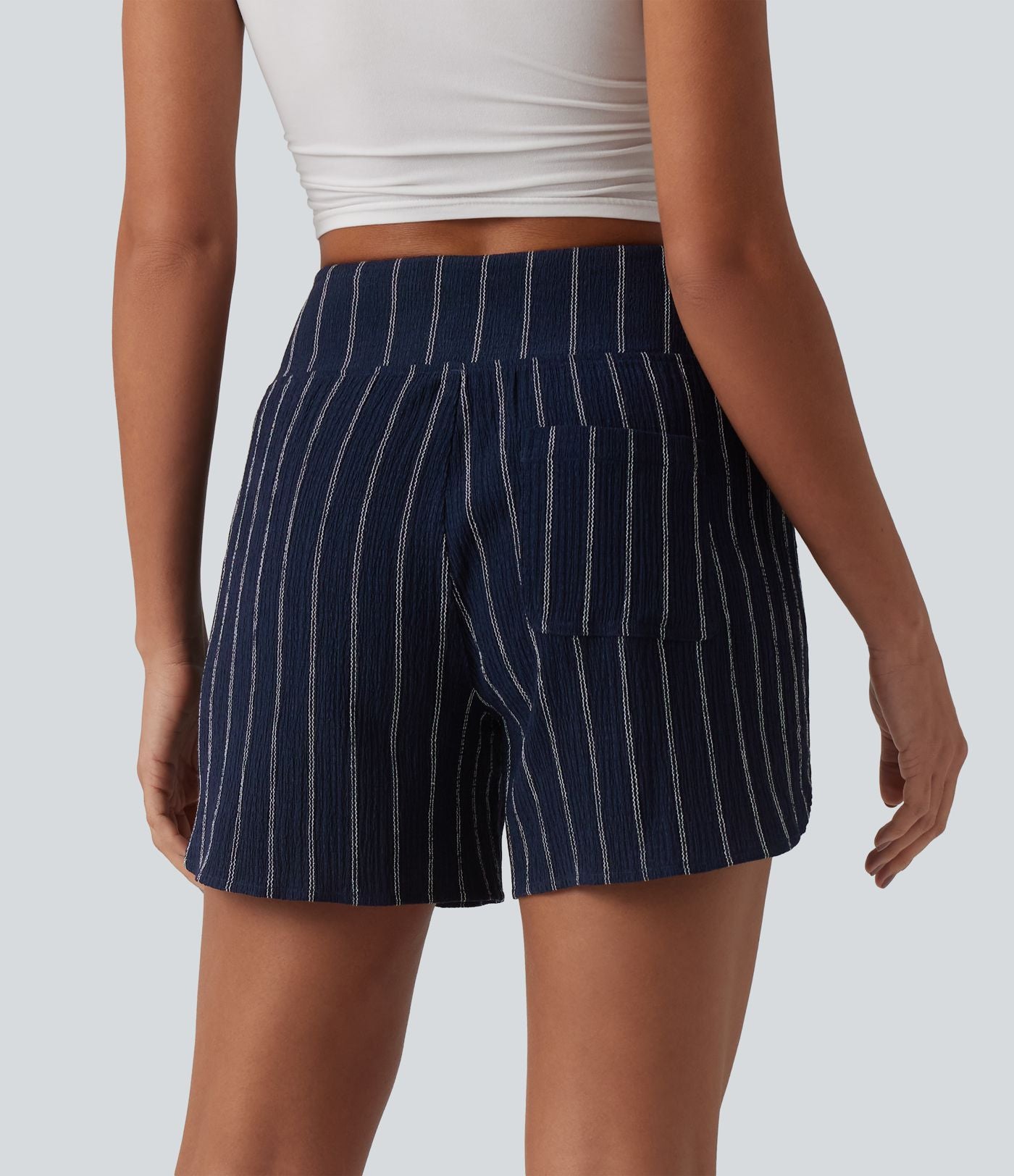 Short casual taille haute ourlet arrondi rayures avec poches