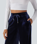 Pantalon décontracté large en velours, taille haute, avec cordon et poches