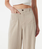 Pantalon large casual taille haute toucher lin avec poches