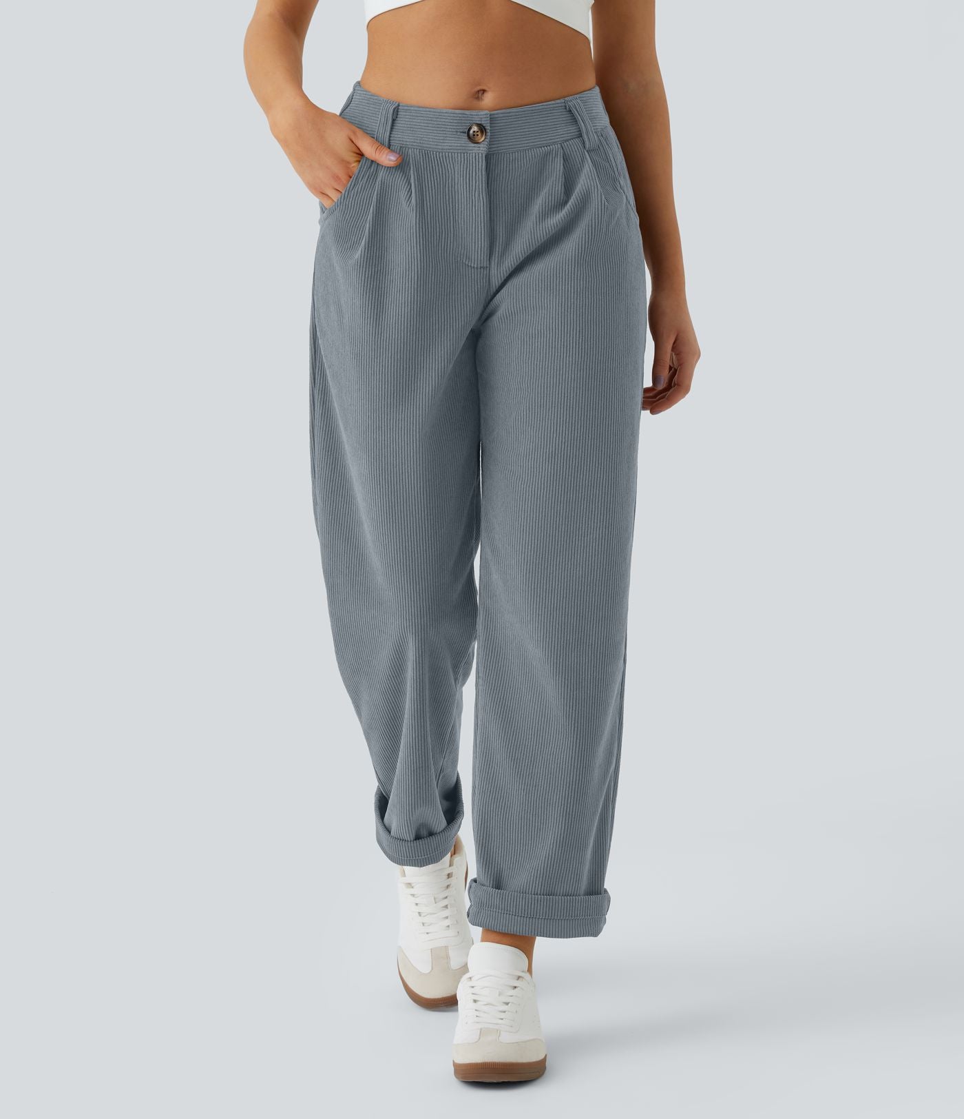 Pantalon en velours côtelé décontracté taille moyenne avec poches latérales