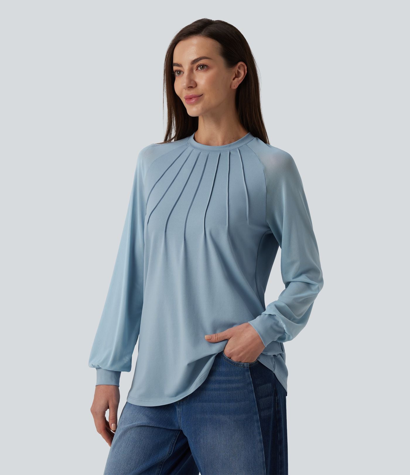 Blouse mesh contrastant col rond manches raglan longues