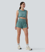 Débardeur yoga court col rond mesh respirant avec ourlet à cordon de serrage