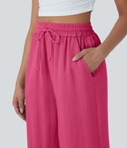 Pantalon décontracté aspect lin 7/8 à taille haute, jambe large avec cordon de serrage et poches latérales