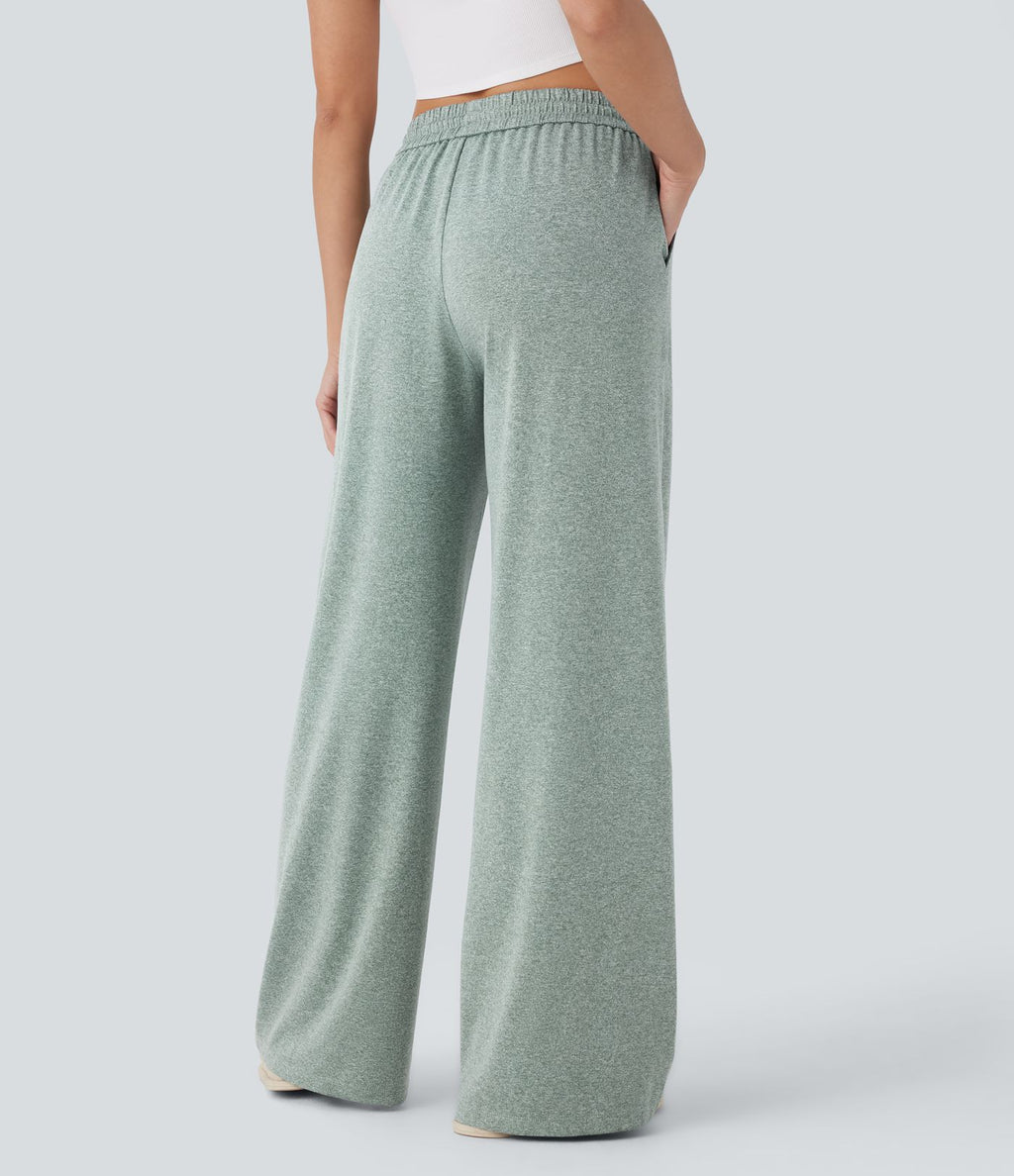 Pantalon large décontracté taille haute avec cordon de serrage et poches latérales