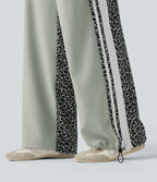 Pantalon ample décontracté taille mi-haute avec cordon de serrage color block rayures léopard contrastant avec poches