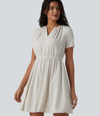 Robe mini évasée décontractée, maille côtelée en lin mélangé,  col V, manches courtes