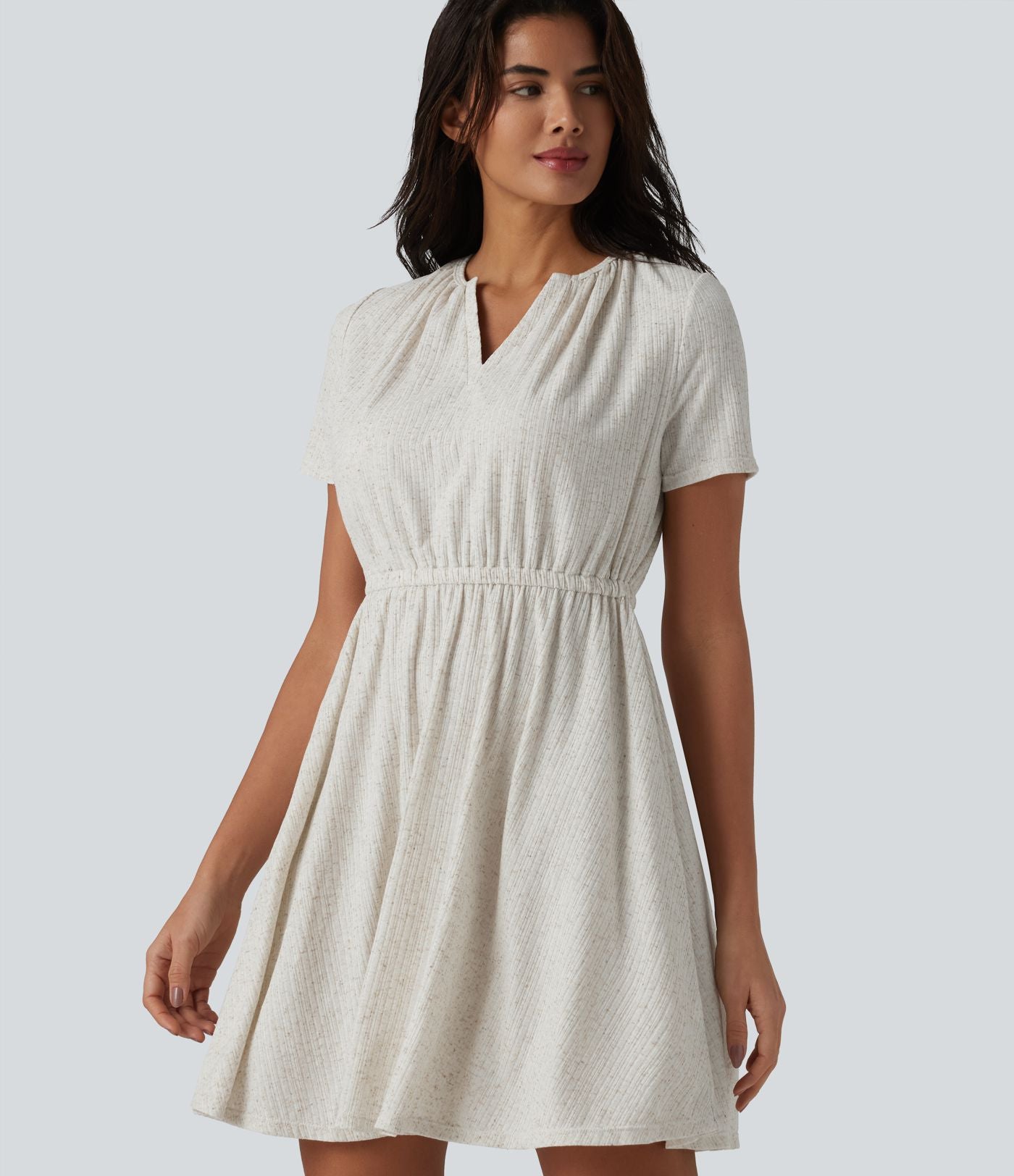 Robe mini évasée décontractée, maille côtelée en lin mélangé,  col V, manches courtes