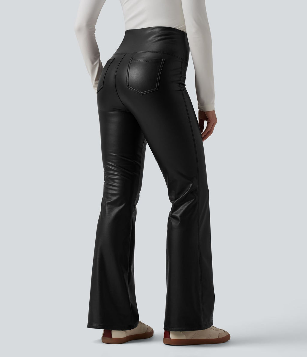 Pantalon évasé décontracté gainant taille haute extensible en molleton PU avec poches