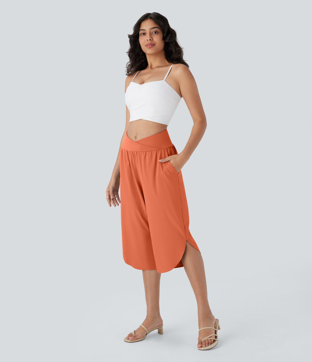 Pantalon capri de vacances Breezeful™ taille haute croisée avec poches latérales, fente et séchage rapide