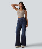 Jean évasé décontracté Halara Flex™ double ceinture gainant taille haute avec poches