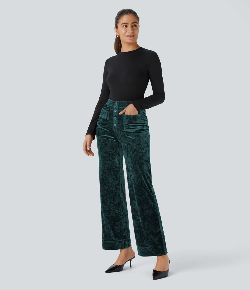 Pantalon Casual en Velours Taille Haute avec Bouton Multipoches Droites