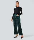 Pantalon Casual en Velours Taille Haute avec Bouton Multipoches Droites