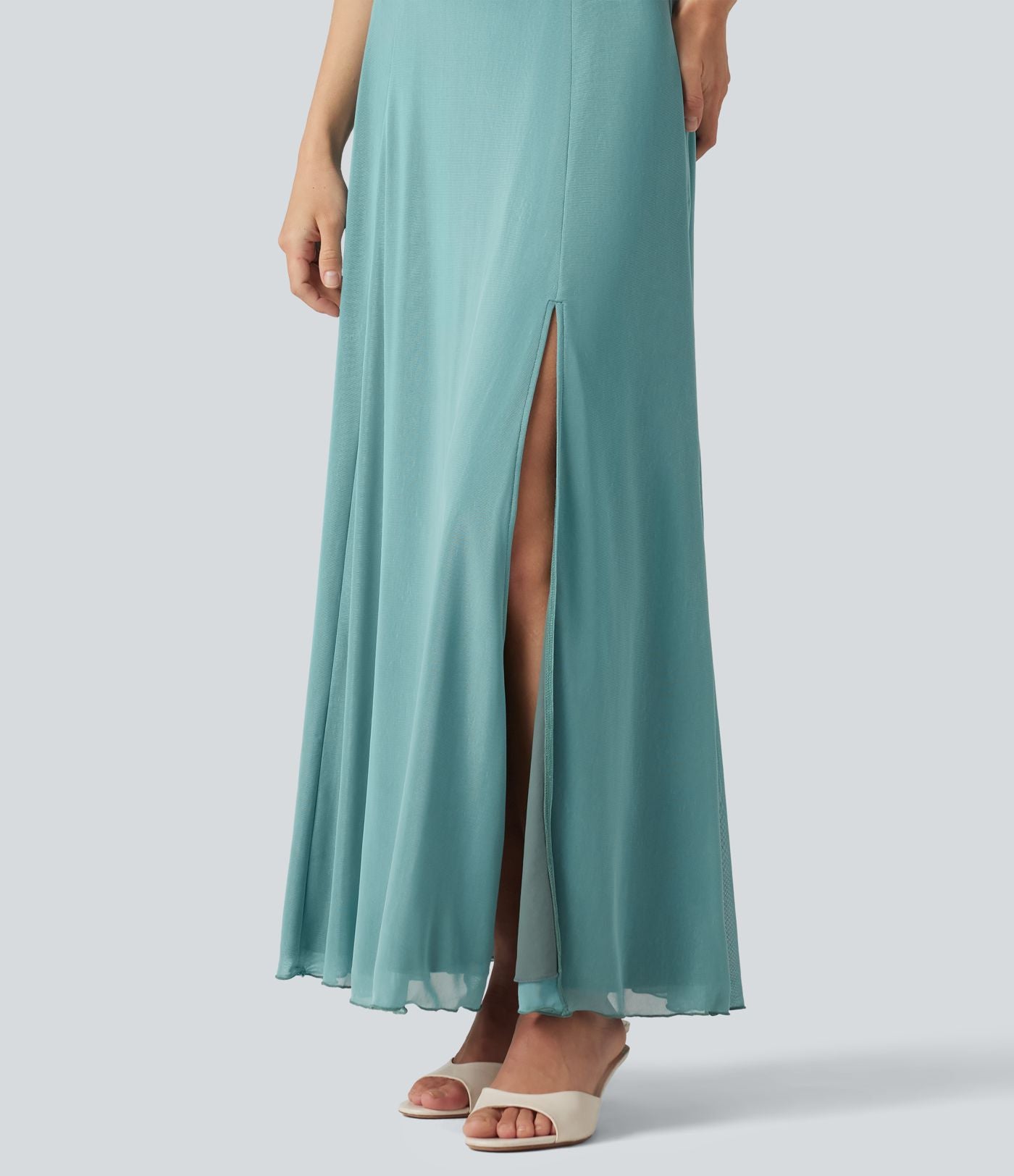 Robe maxi fluide col carré manches courtes soutien-gorge intégré dos noué