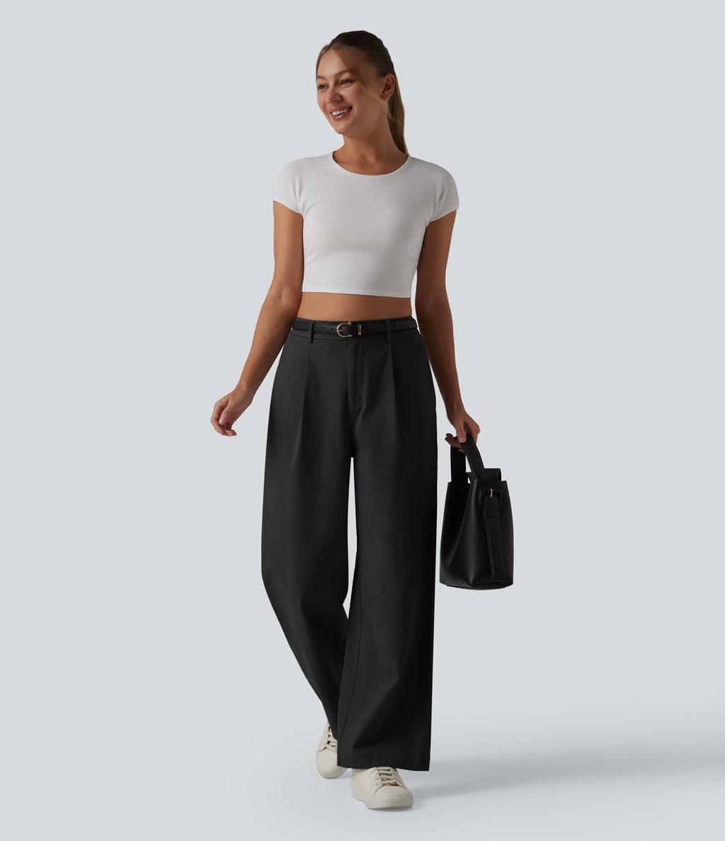 Pantalon chino tailleur en coton, taille haute, coupe droite et poches