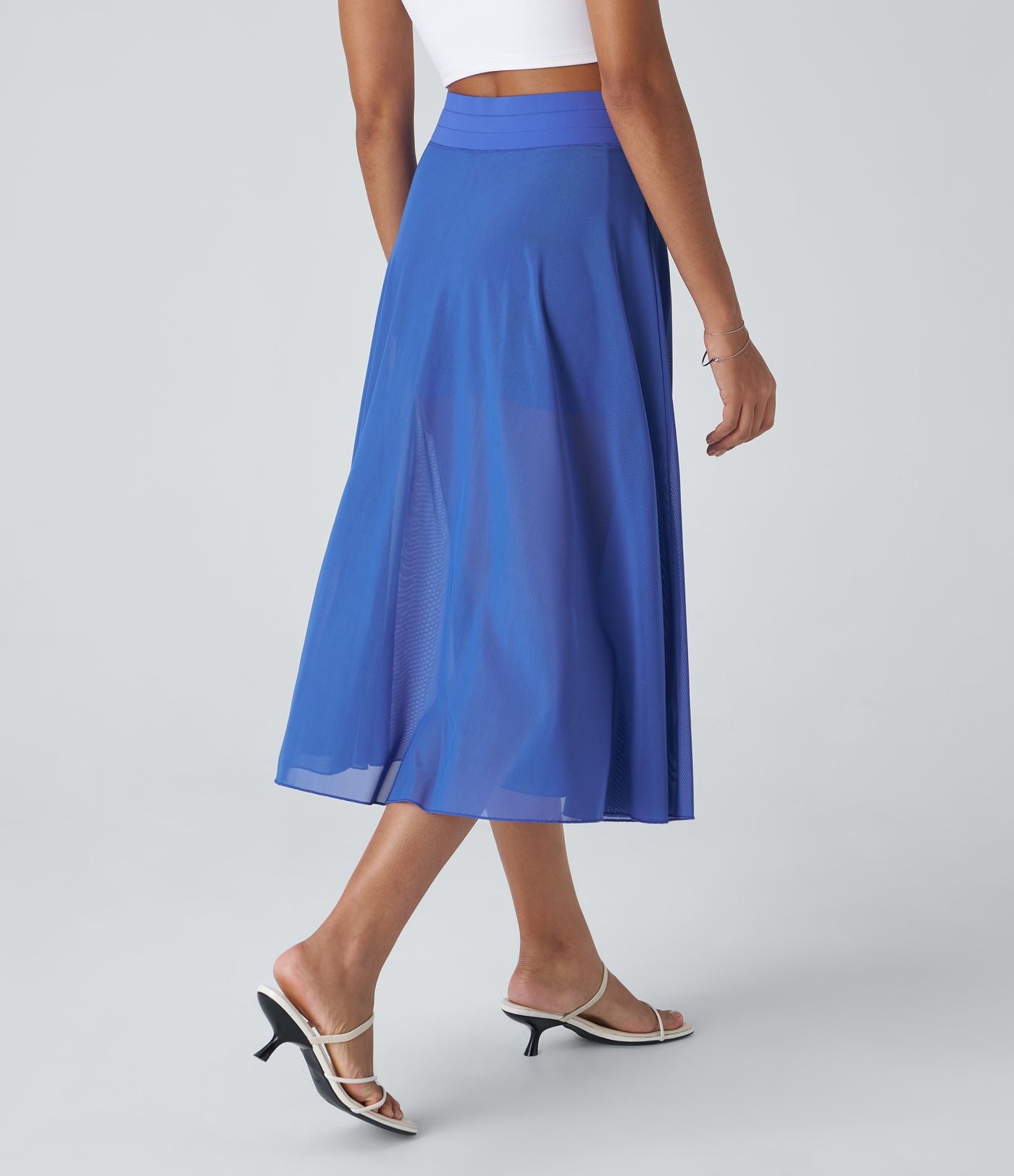 Jupe Casual Évasée Mesh Mi-Longue Fuide 2 en 1 Contrastée Taille Haute Cordon Poche Latérale