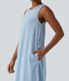 Robe débardeur midi décontractée col rond sans manches en vichy froissé avec poches
