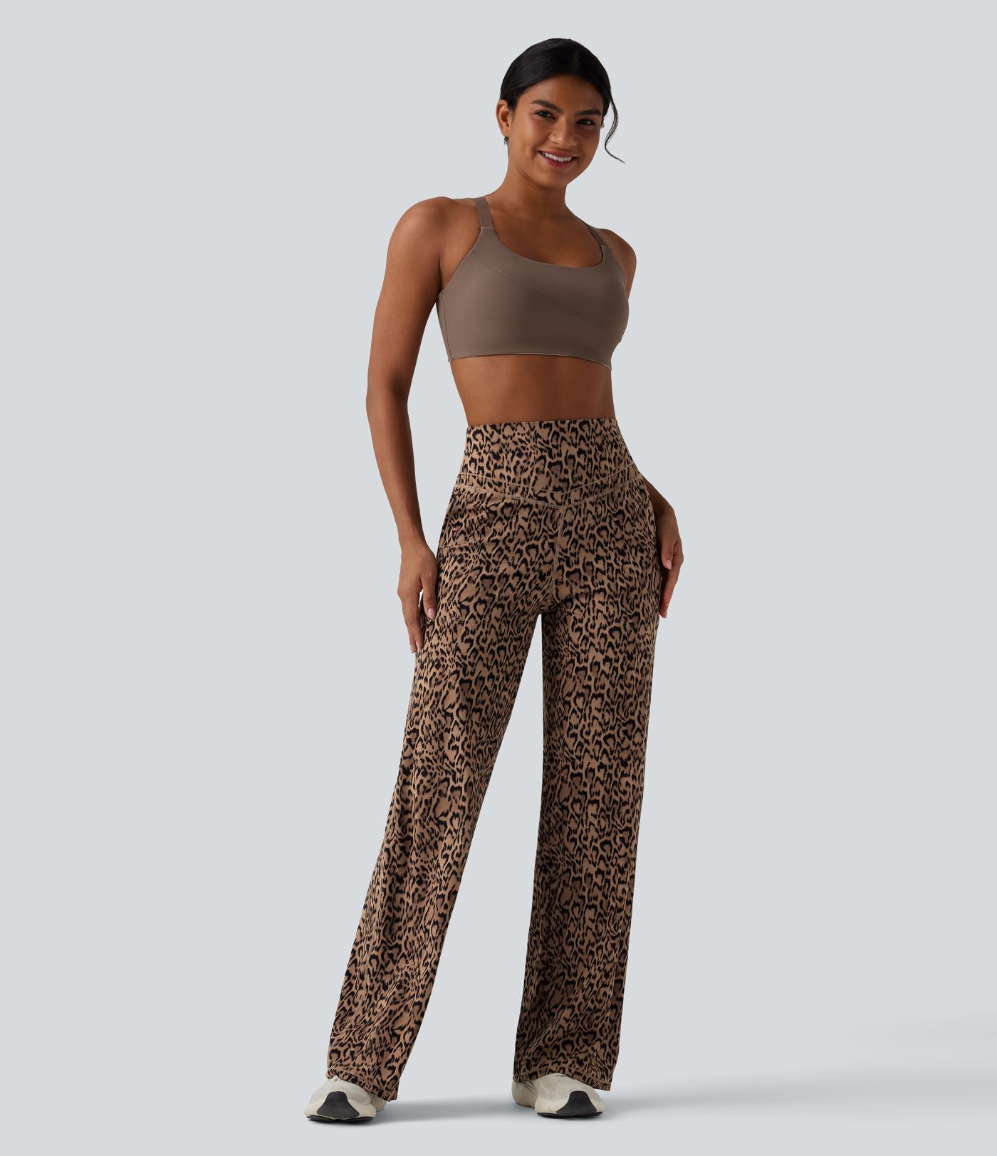 Pantalon de yoga jambes droites taille haute gainant imprimé léopard Halara UltraSculpt™ avec poches