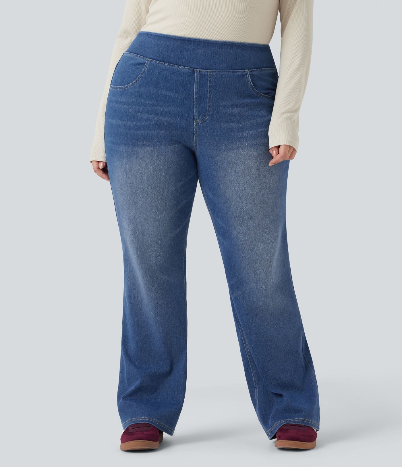 Jean décontracté Halara Flex™ grande taille bootcut taille haute en maille extensible délavée avec multiples poches