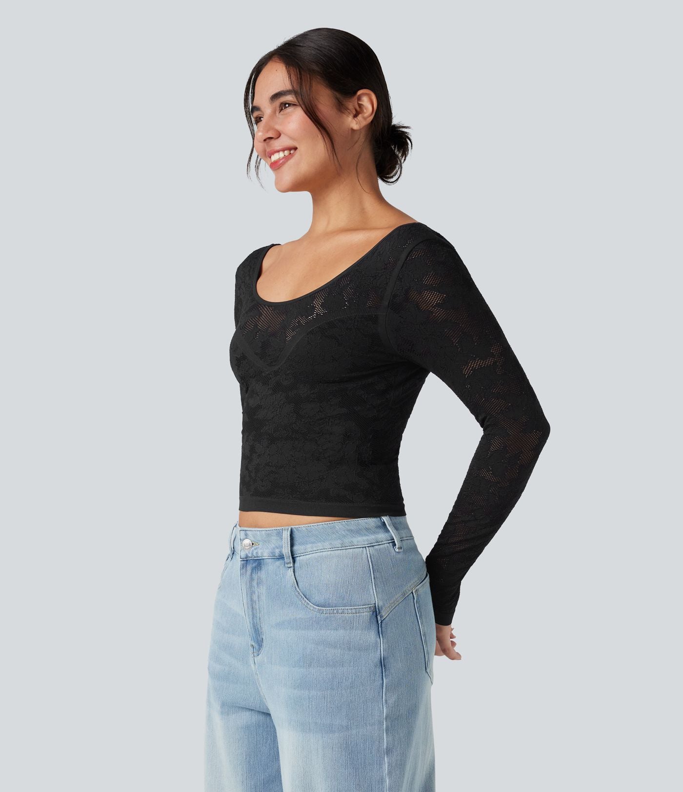 Haut de sport col U dos nu jacquard à manches longues sans couture OneForm Seamless Flow