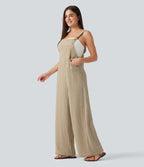 Salopette décontractée à carreaux aspect lin avec poches
