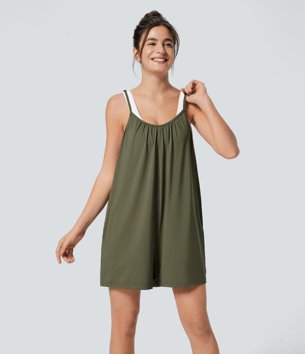 Combinaison Large Casual à Jambes Larges Solide avec Fines Bretelles Réglables Poches Latérales Plissées