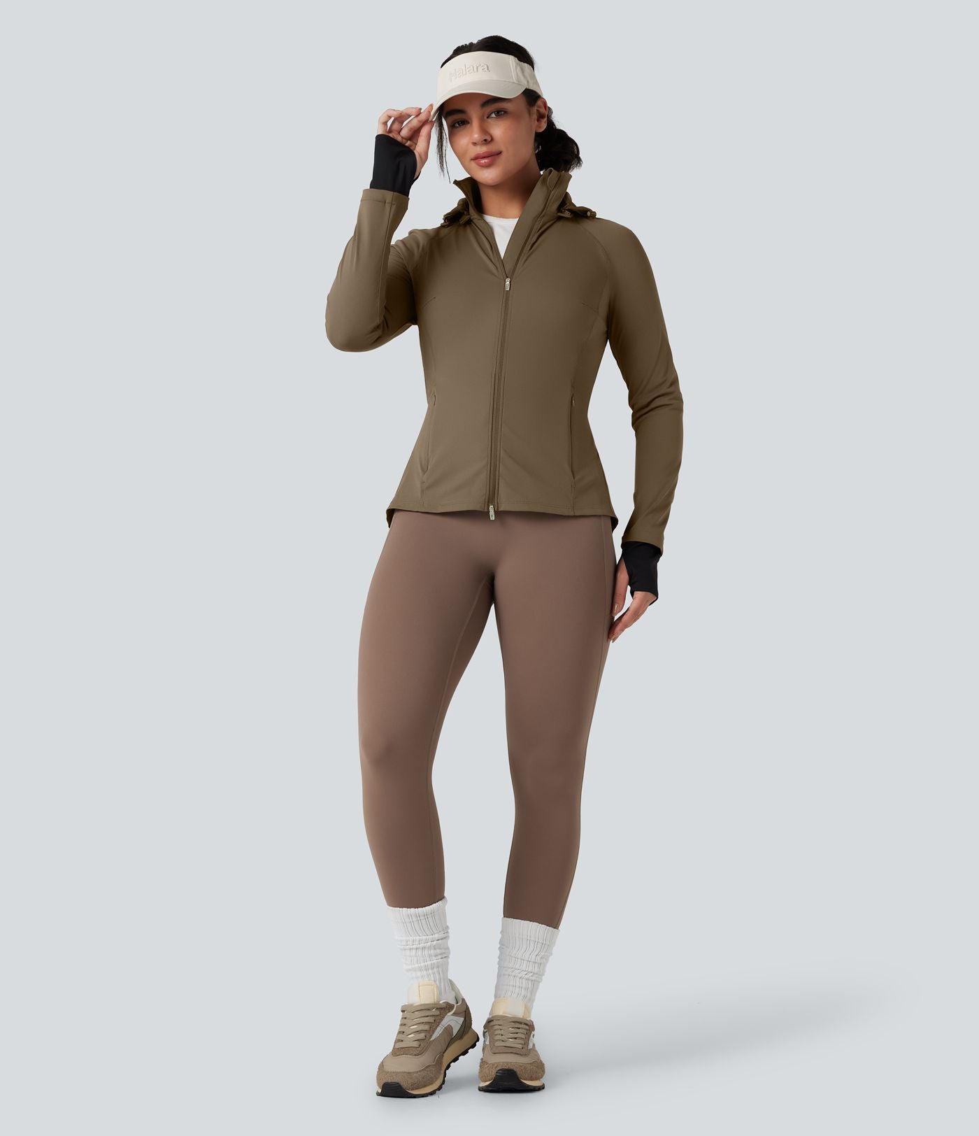 Veste randonnée capuche amovible double zip cordon de serrage avec trous pouces et poches