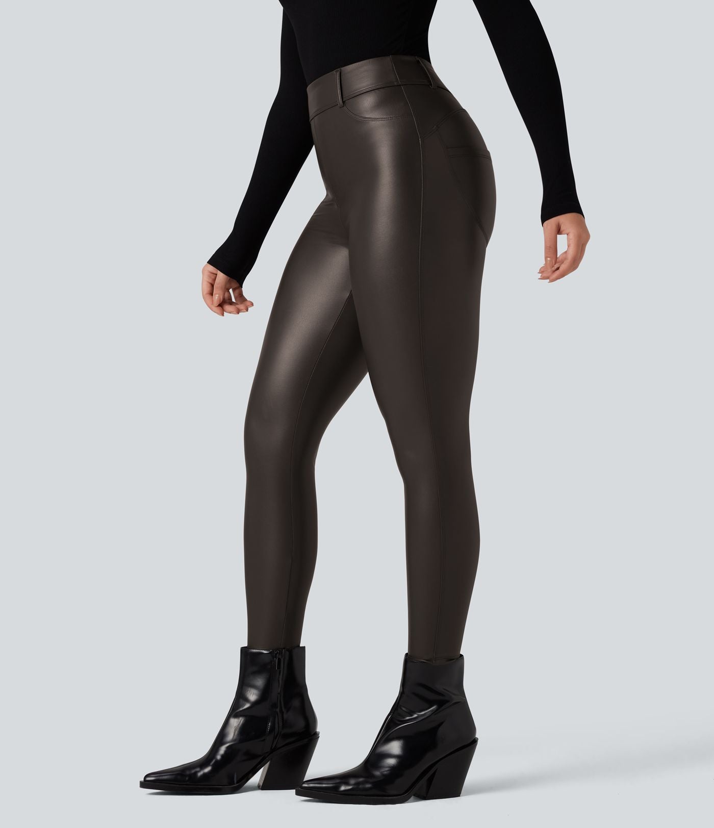 Pantalon polaire simili cuir extensible taille haute avec poches