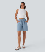 Short décontracté effet lin taille haute avec cordon de serrage et poches latérales