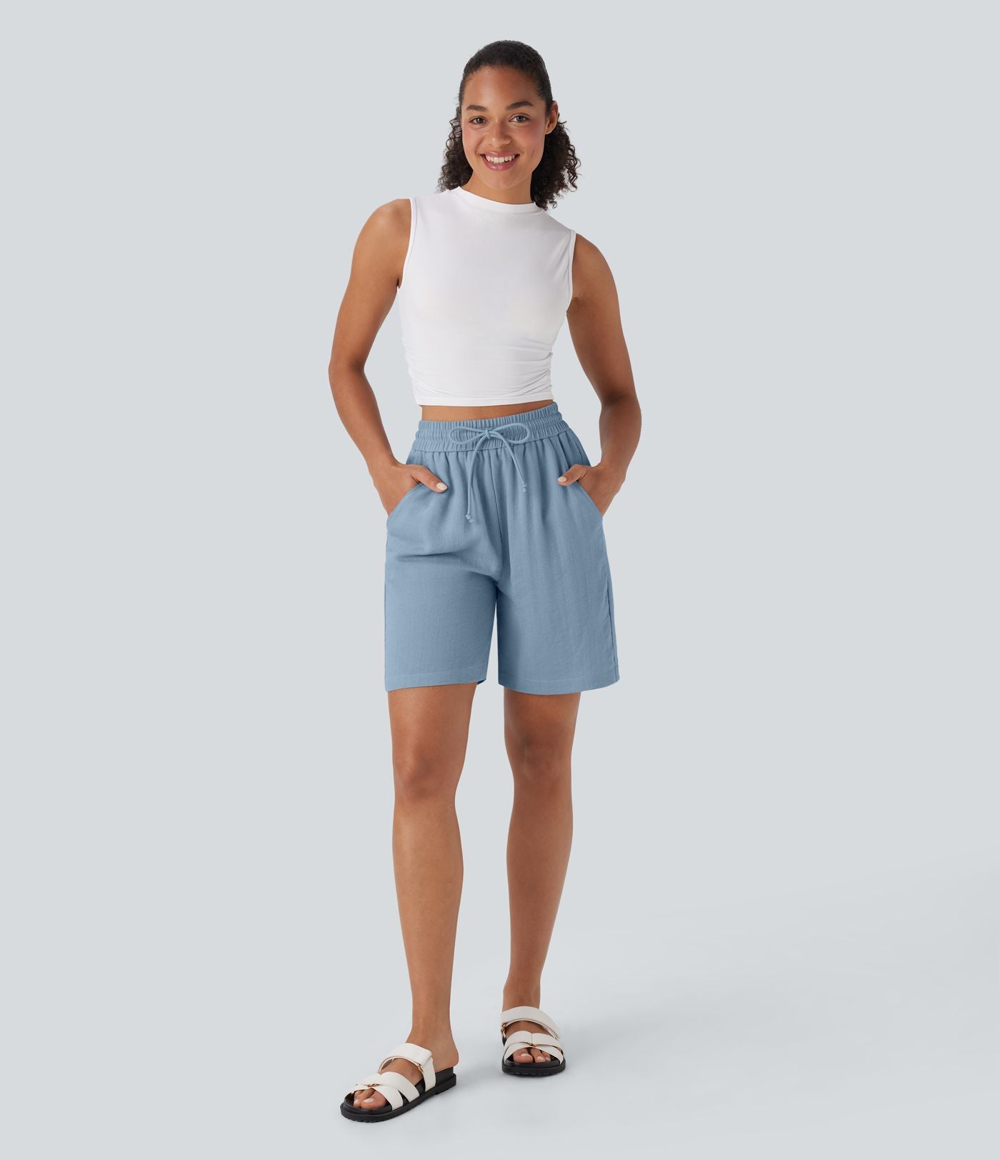 Short décontracté effet lin taille haute avec cordon de serrage et poches latérales