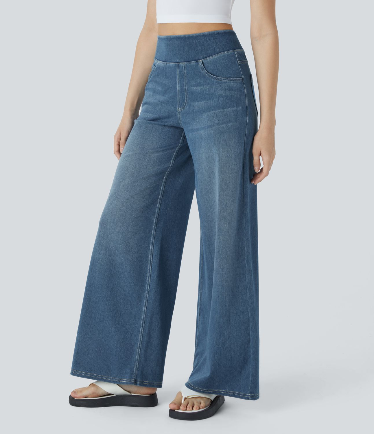 Halara Flex™ Jean Large Casual Taille Haute Poches Multiples Tricot Extensible Délavé