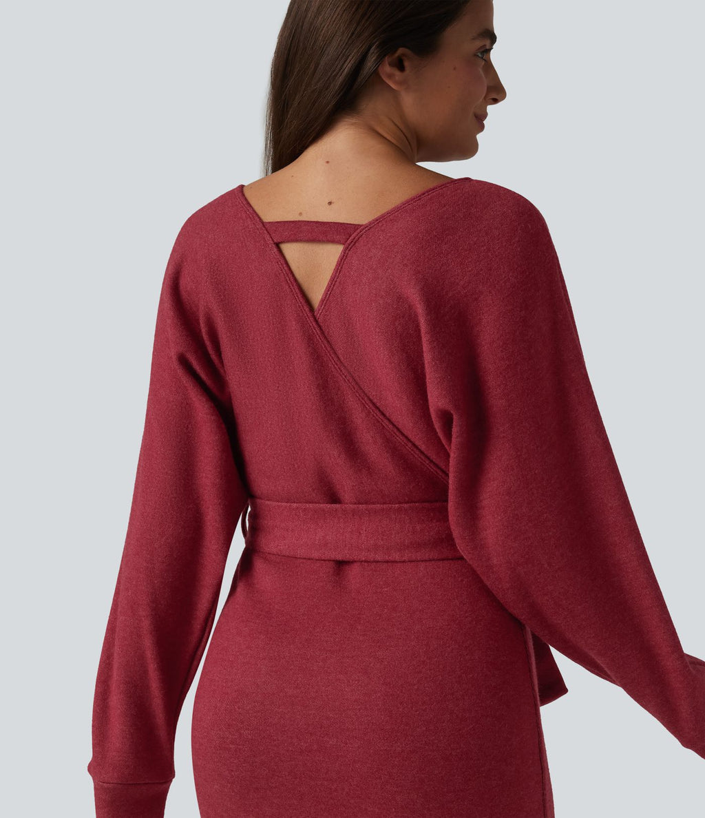 Robe courte décontractée col V croisé manches chauve-souris ceinturée