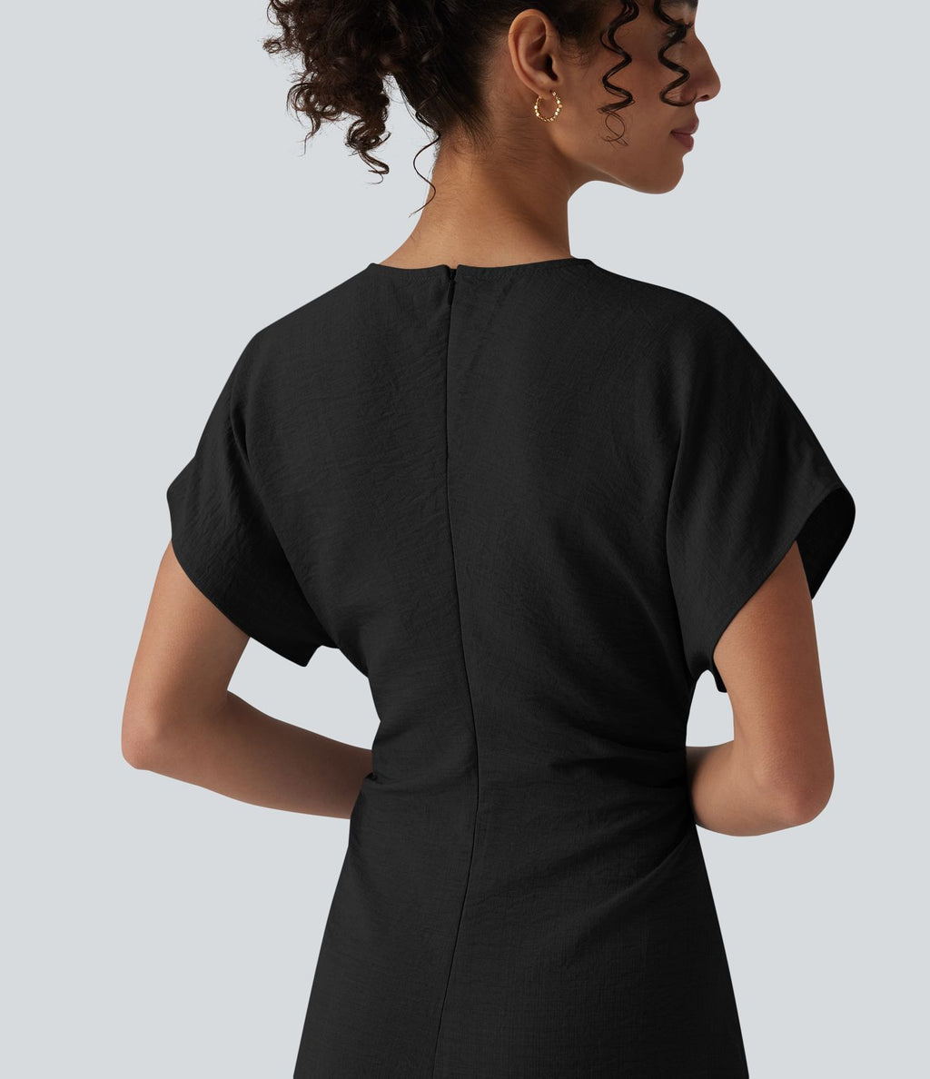 Robe longue tailleur évasée col V à manches courtes avec fermeture éclair invisible et drapé froncé