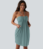 Robe mini dos nu à bretelles, brassière intégrée et poches
