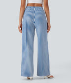 Pantalon de vacances jambes larges taille haute en tissu gaufré à rayures avec cordon de serrage et poches