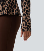 Veste décontractée Halara UltraSculpt™ imprimé léopard col montant manches longues avec trous pour pouces et poches