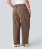 Pantalon Casual Grande Taille Velours Côtelé Taille Mi-haute Boutonnés Fermeture Éclair Poches Latérales