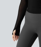 Haut de sport yoga 2-en-1 dos nu col américain à manches longues avec passants pouces et mesh contrastant - Longueur allongée