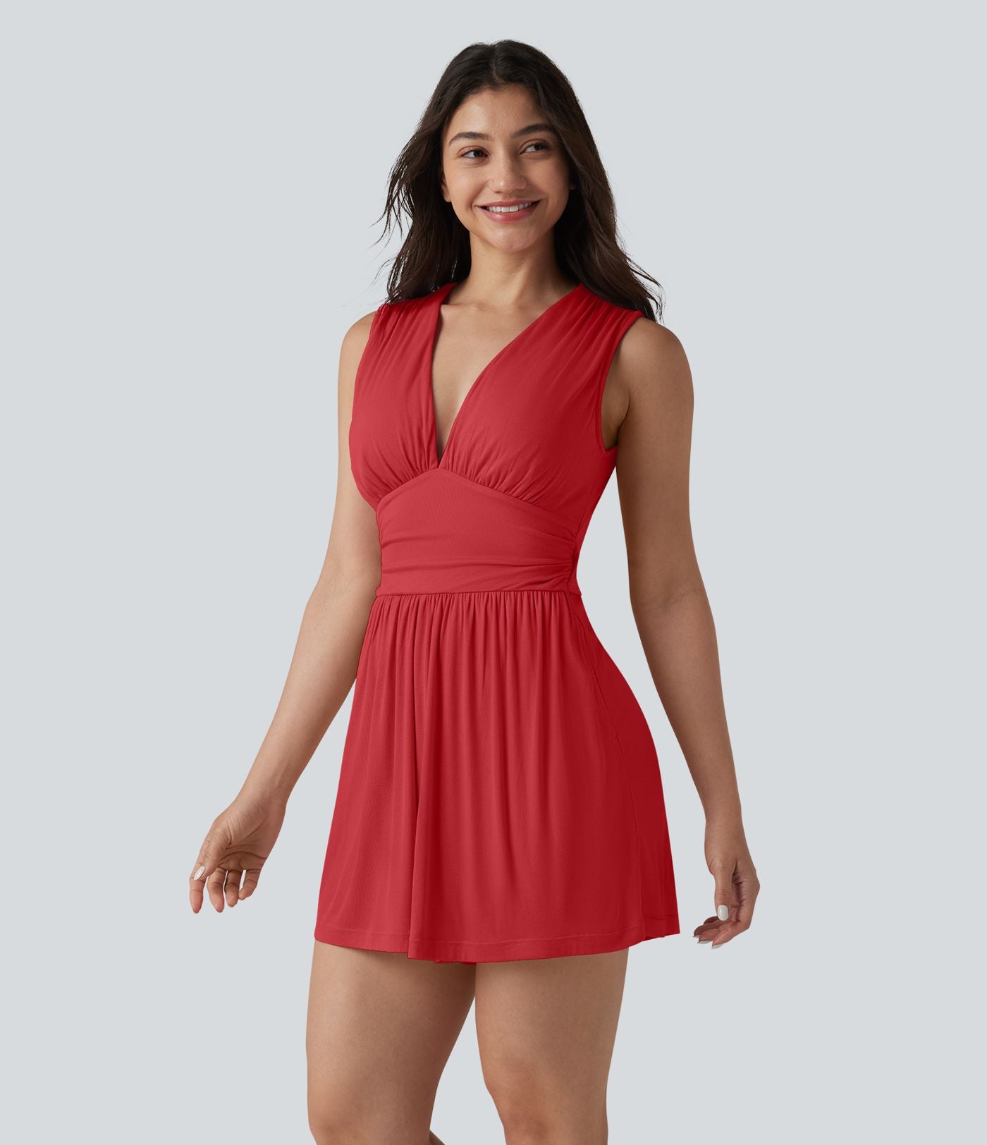 Combishort casual côtelé sans manches col V, fronces et soutien-gorge intégré, avec poches – Easy Peasy