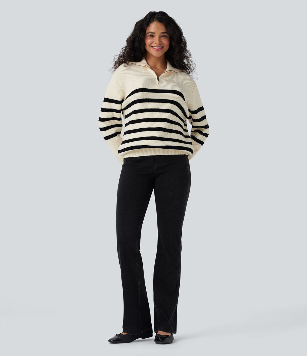 Pull décontracté color block rayé col revers demi-fermeture éclair