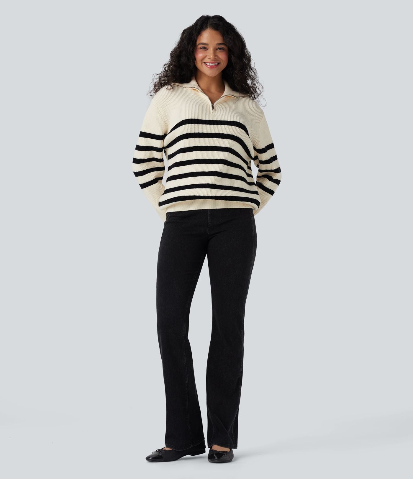 Pull décontracté color block rayé col revers demi-fermeture éclair