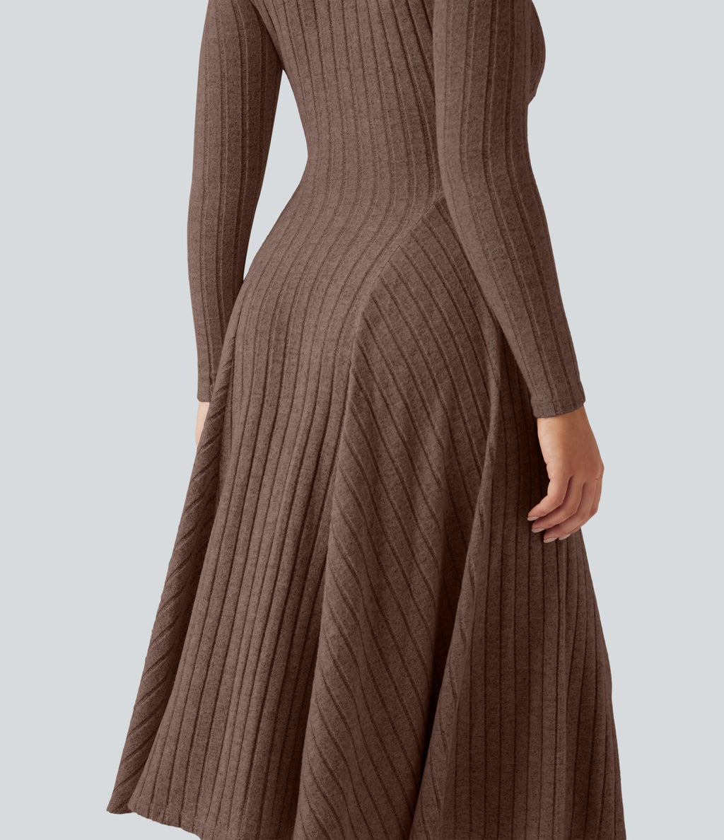 Robe mi-longue évasée maille côtelée à décolleté en V et manches longues
