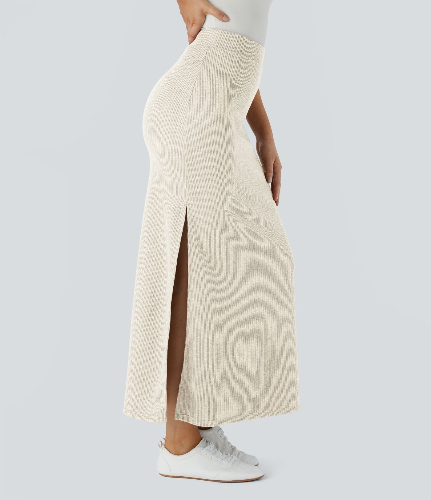 Jupe Casual Maxi à Taille Haute et Ourlet Fendu en A-Line en Côtes