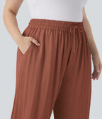 Pantalon décontracté grande taille large fluide taille haute effet lin avec cordon de serrage et poches