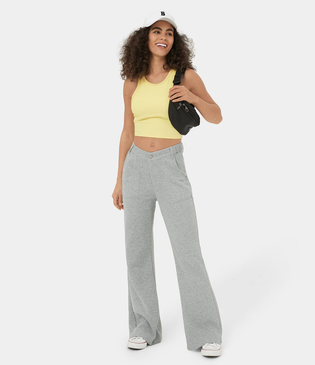 Pantalon Survêtement Coton Casual Évasée Taille Mi-Haute Ceinture Forme V Boutonnés Fermeture Éclair Poches